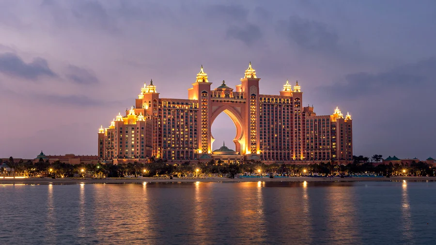 Atlantis The Palm Dubai at Sunset with Hotel Lights