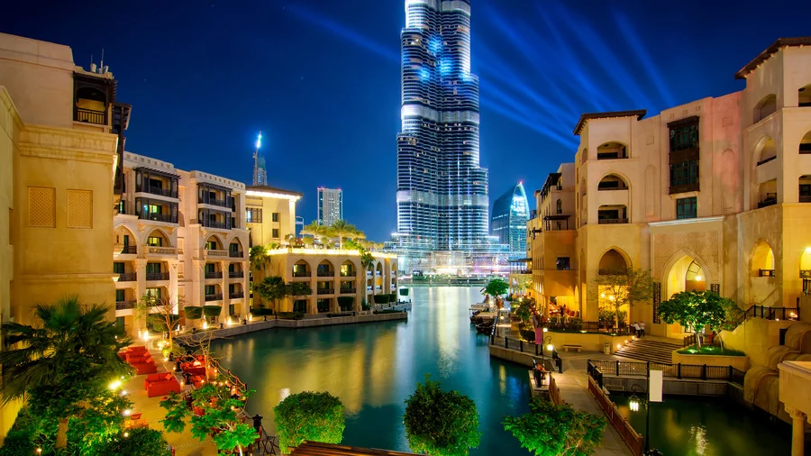 Night view of downtown Dubai, United Arab Emirates, for a Dubai Travel Guide.