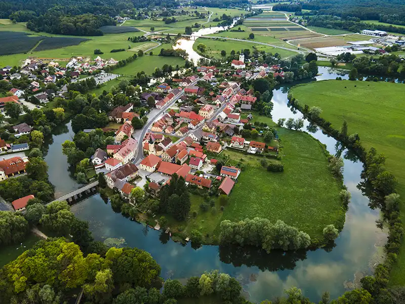 Aerial view of Kostanjevica na Krki, a lesser-known tourist spot in Europe, Slovenia