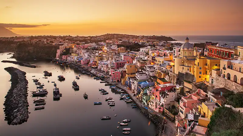 Procida, Italy, a lesser-known tourist spot in Europe, at dusk.
