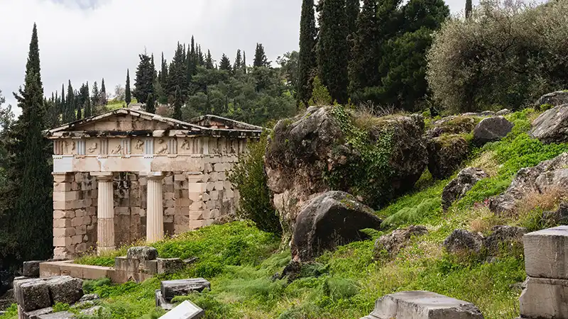 Ancient Temple of Apollo Ruins at Delphi Oracle in Greece.