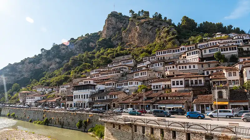 View of Berat showcasing its historic town and castle, UNESCO World Heritage Site.