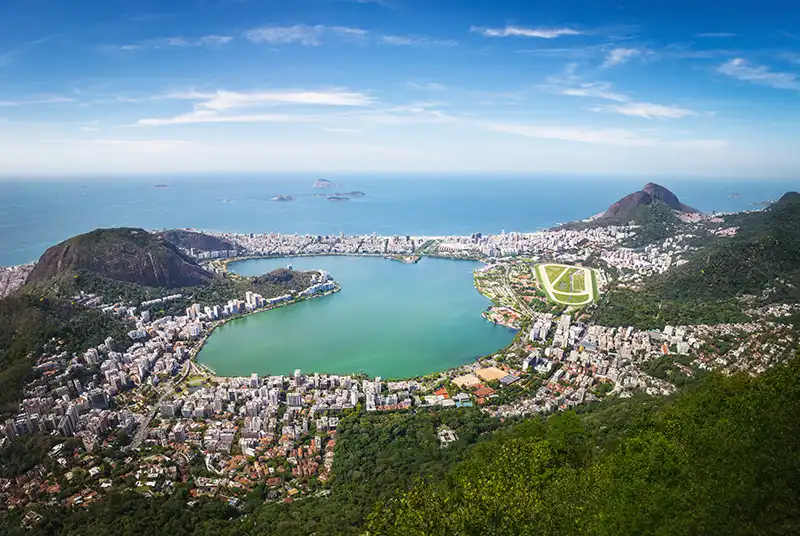 Aerial view of Rodrigo de Freitas Lagoon near Two Brothers Hill, a must-visit spot in any 5-day itinerary in Rio de Janeiro.