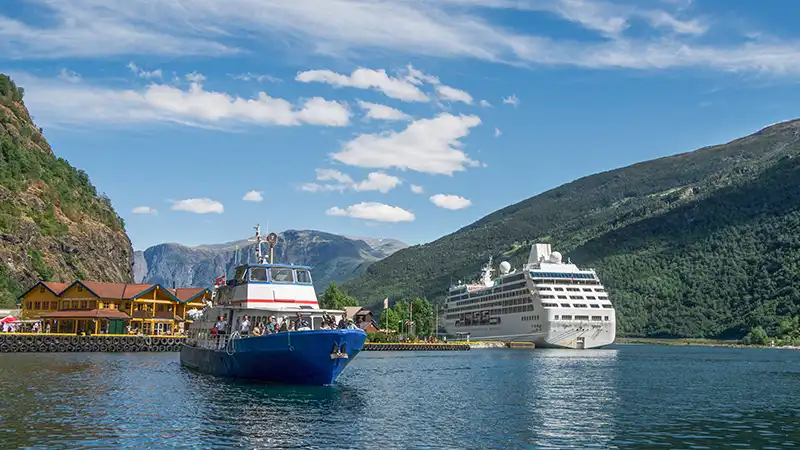 Cruise liner and ships docked in a sunny harbor, ideal for the best cruise experience for young adults.