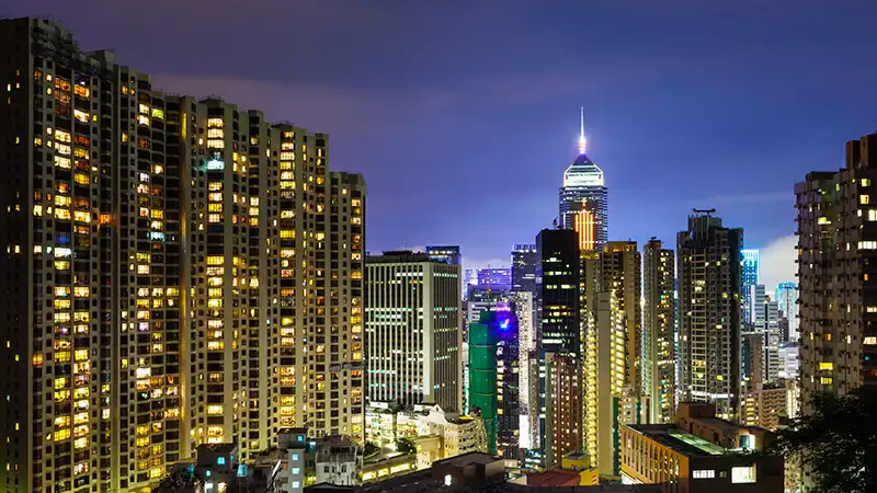 Vibrant night view of Hong Kong city, showcasing popular destinations for nighttime activities.
