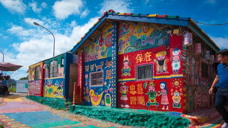 Vibrant street art at Rainbow Village in Taichung, Taiwan, showcasing Huang Yung-Fu's unique paintings.